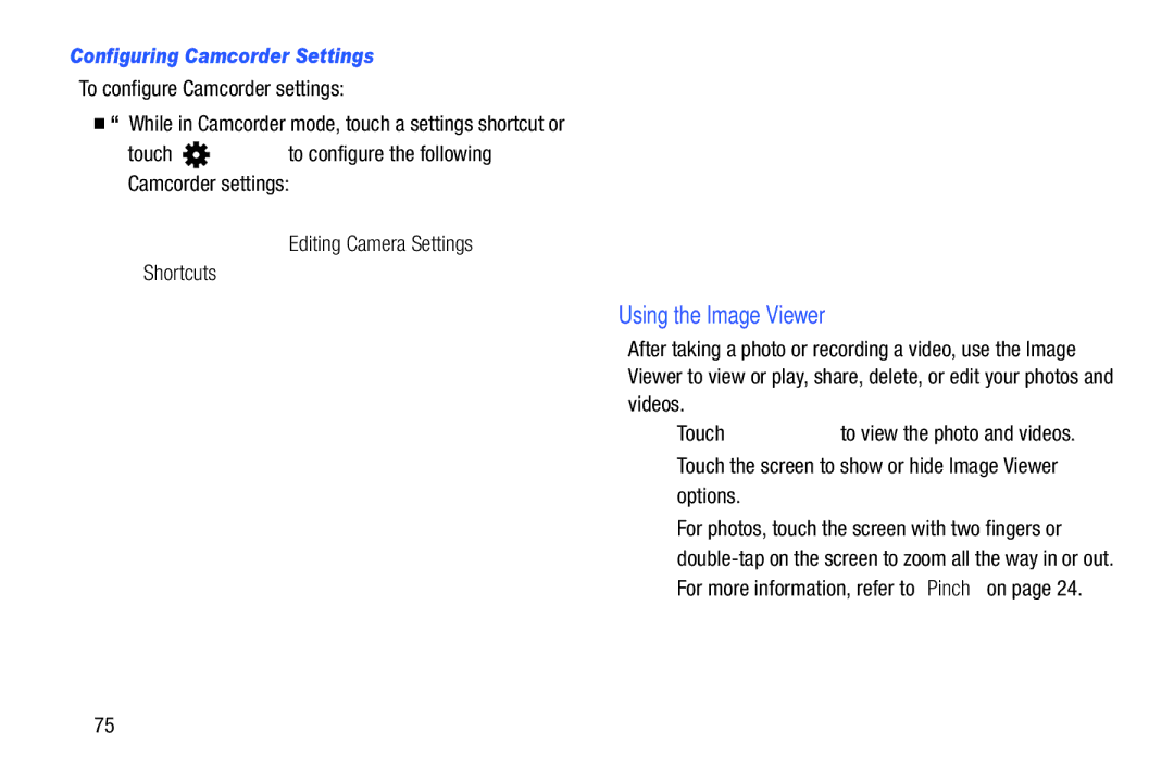 Samsung SM-T210RGNYXAR, SM T210R Using the Image Viewer, Configuring Camcorder Settings, To configure Camcorder settings 