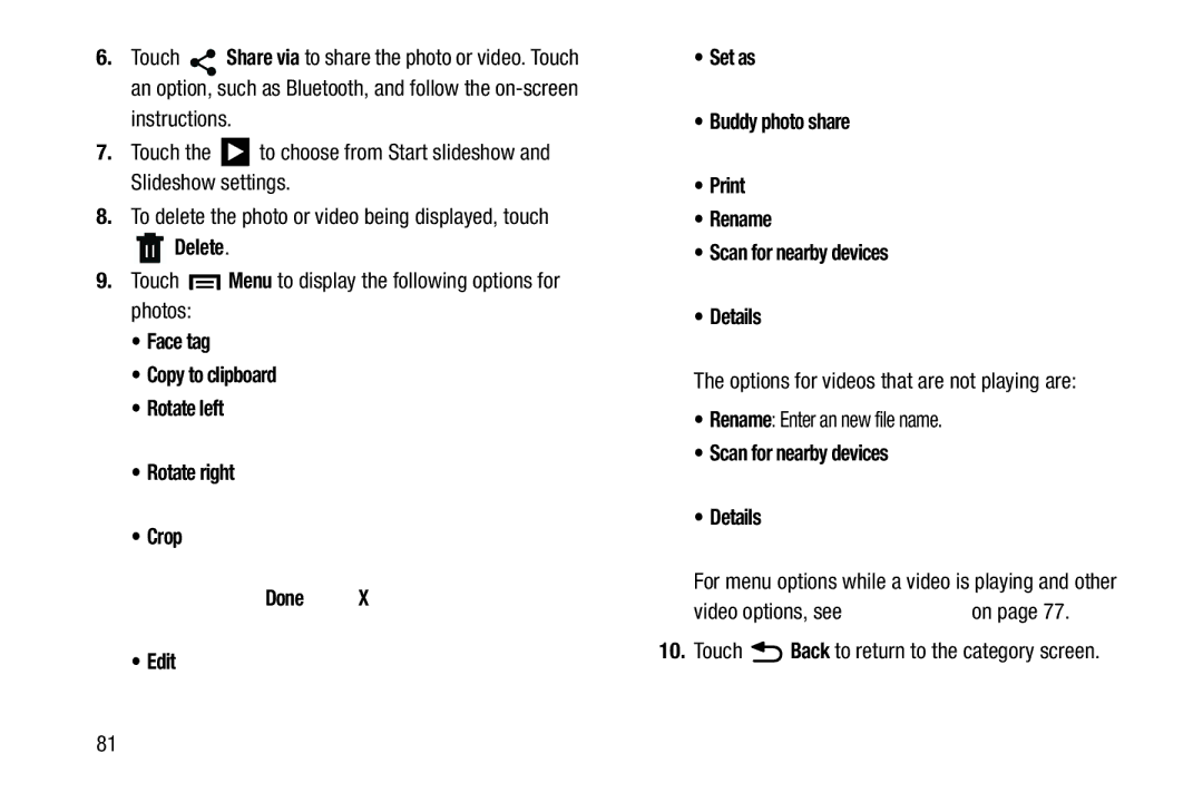 Samsung SM T210RZWYXAR user manual Touch Menu to display the following options for photos, Rename Enter an new file name 