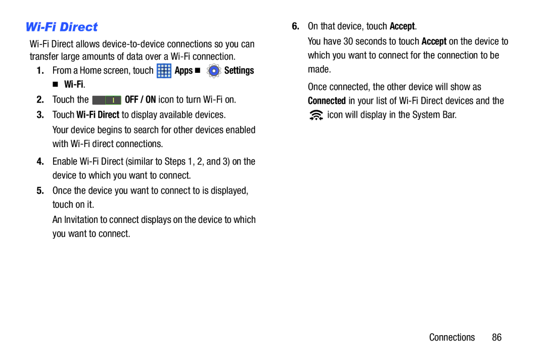 Samsung SM T210RZWYXAR, SM-T210RGNYXAR, SMT210RZWYXAR, SMT210RGNYXAR user manual Wi-Fi Direct 