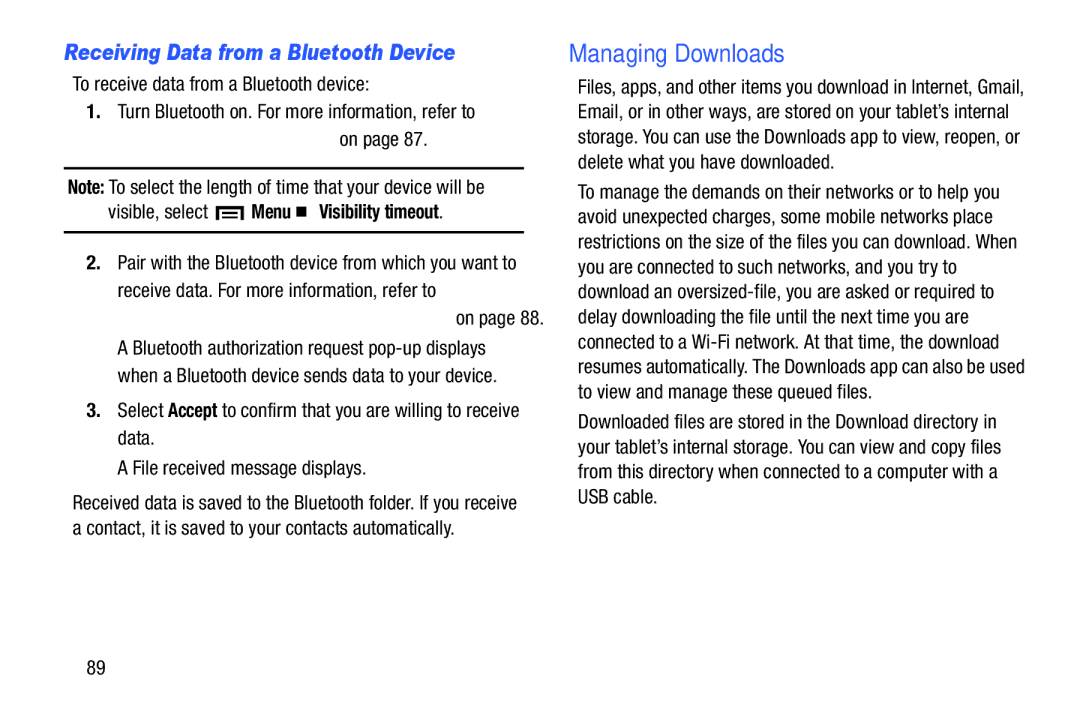 Samsung SMT210RGNYXAR Managing Downloads, Receiving Data from a Bluetooth Device, To receive data from a Bluetooth device 