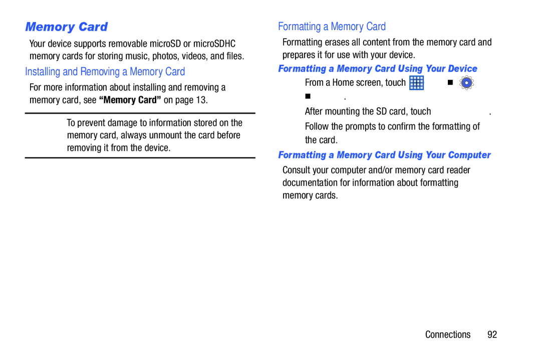 Samsung SM-T210RGNYXAR, SM T210RZWYXAR Installing and Removing a Memory Card, Formatting a Memory Card, Storage 