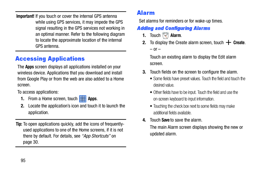 Samsung SMT210RZWYXAR, SM-T210RGNYXAR user manual Accessing Applications, Adding and Configuring Alarms, Touch Alarm 