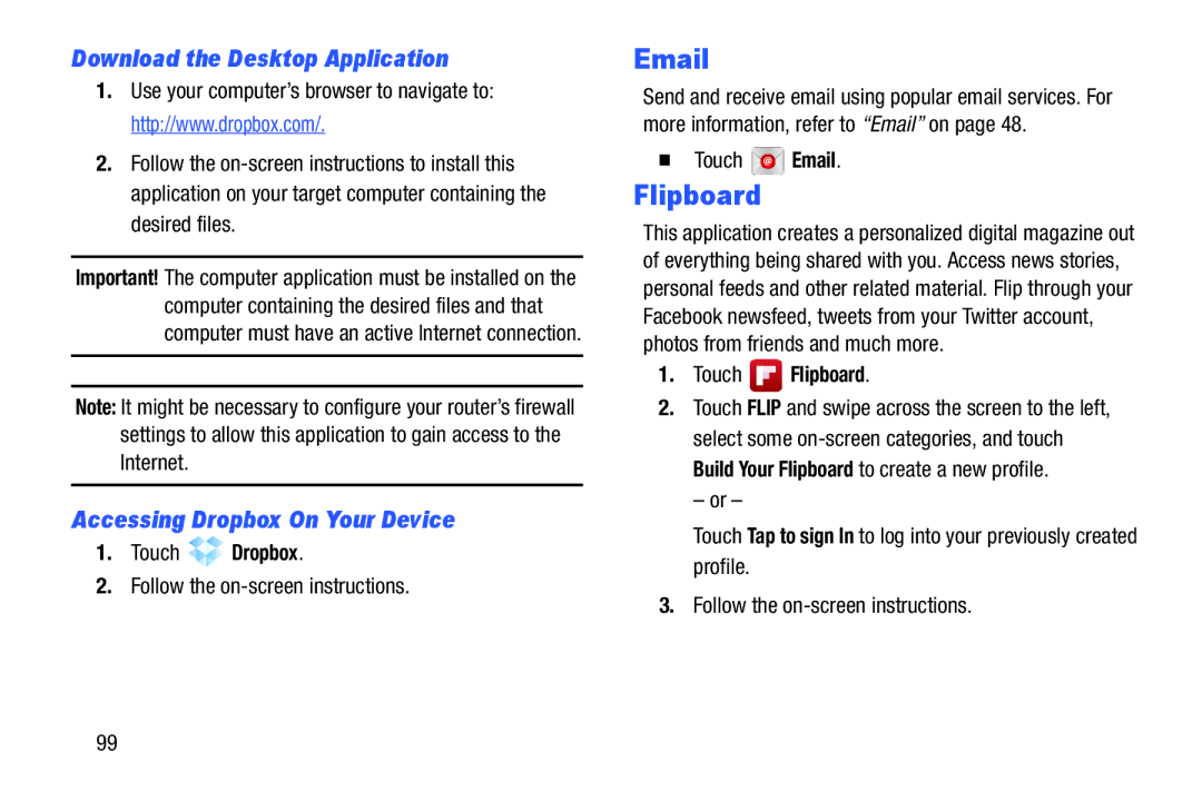 Samsung SMT210RZWYXAR Flipboard, Download the Desktop Application, Accessing Dropbox On Your Device, Touch Dropbox 