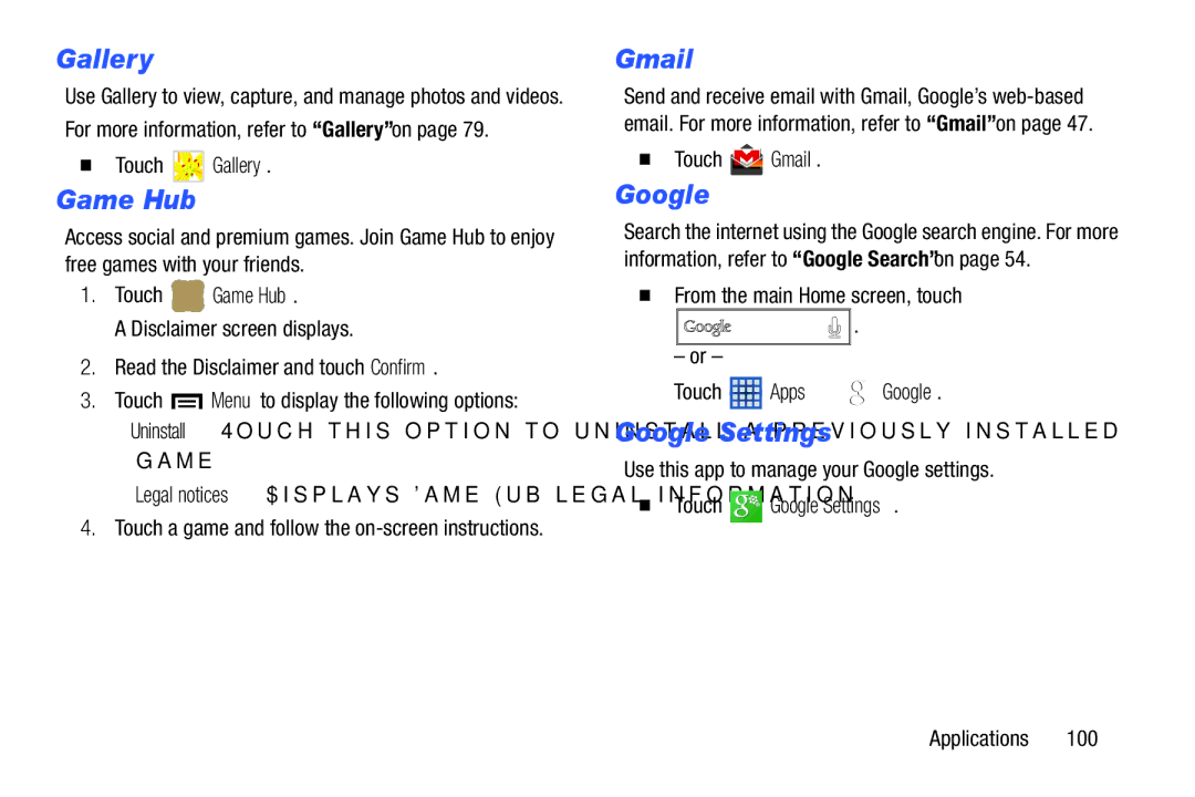 Samsung SM-T210RGNYXAR, SMT210RZWYXAR user manual Game Hub, Google Settings 