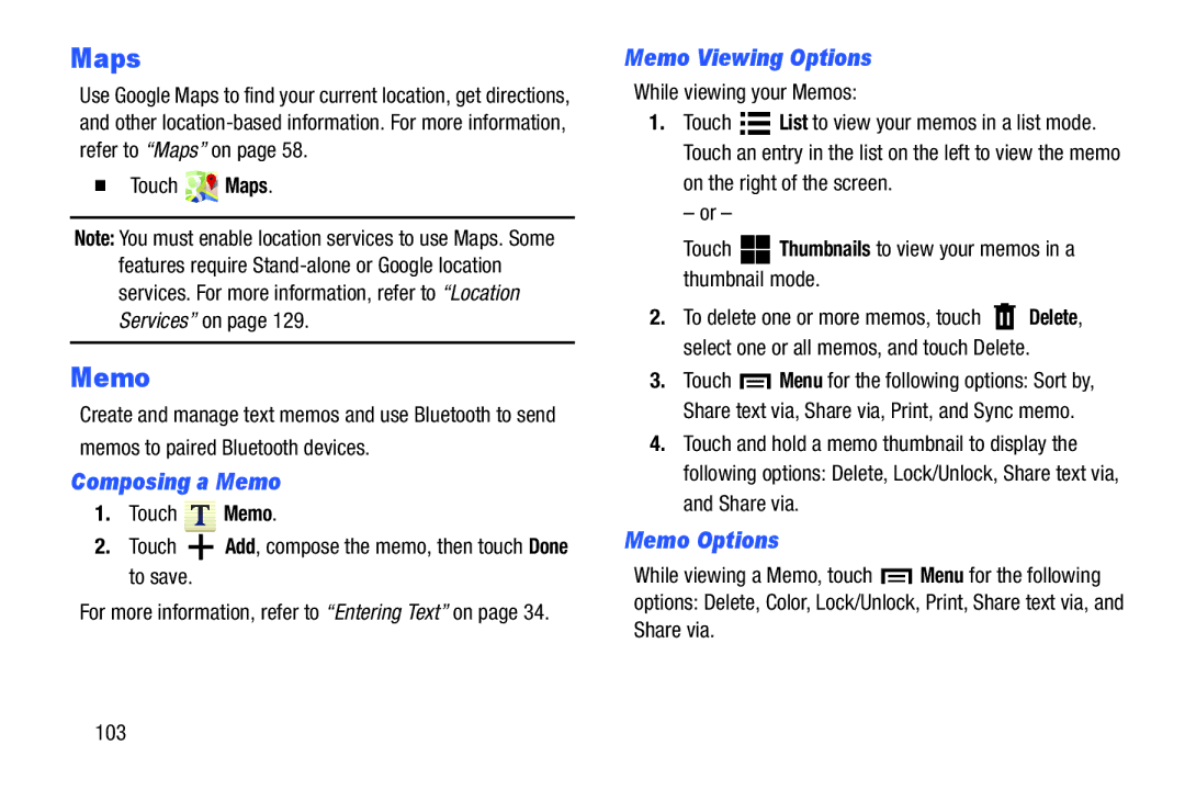 Samsung SMT210RZWYXAR, SM-T210RGNYXAR user manual Composing a Memo, Memo Viewing Options, Memo Options,  Touch Maps 