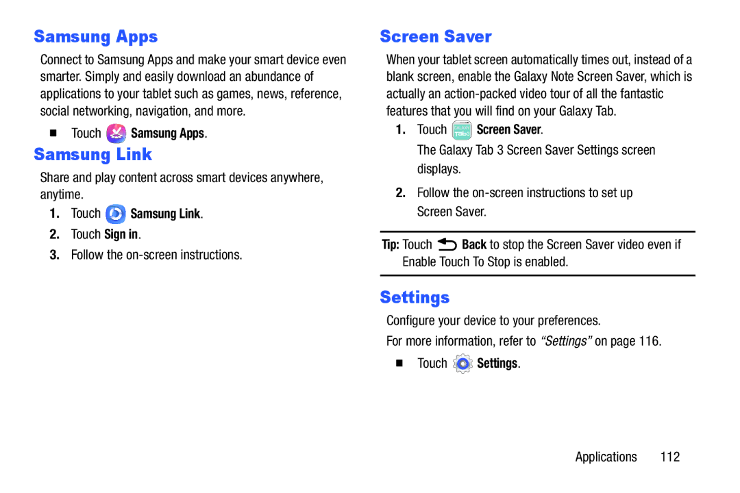 Samsung SM-T210RGNYXAR, SMT210RZWYXAR user manual Samsung Apps, Samsung Link, Screen Saver, Settings 