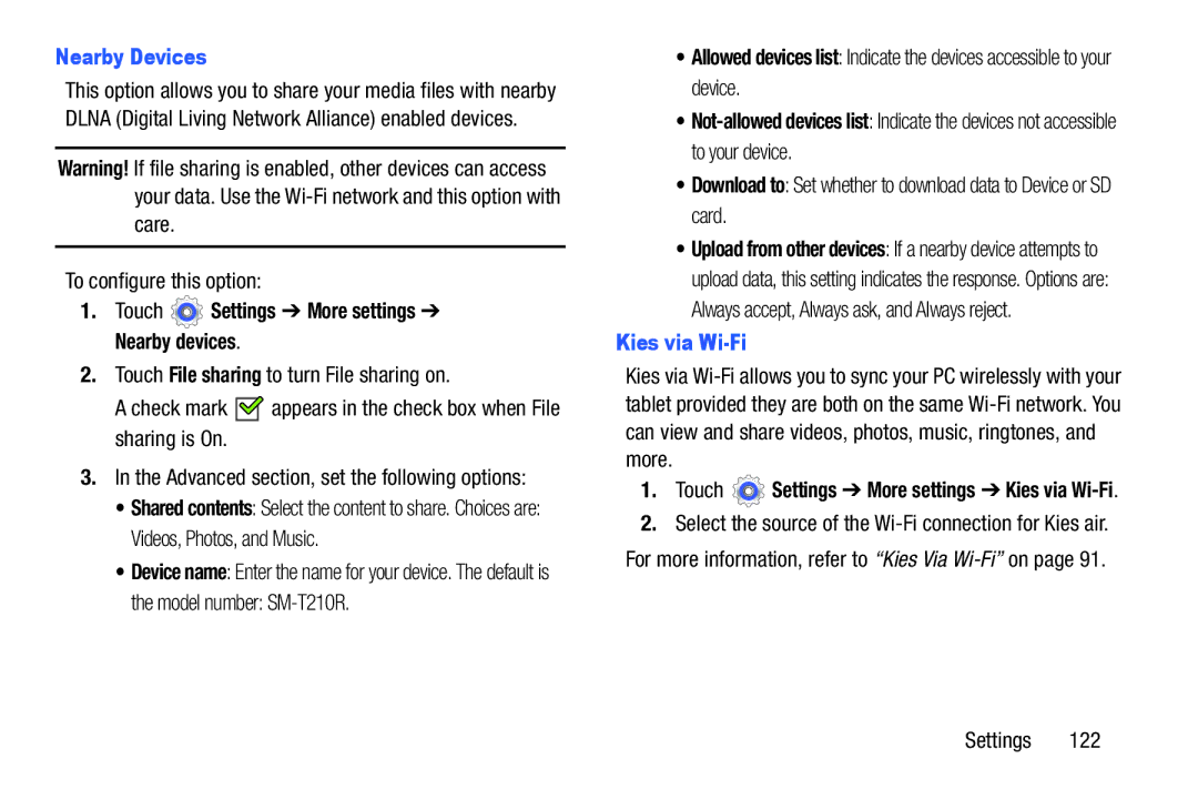 Samsung SM-T210RGNYXAR user manual Nearby Devices, To configure this option, Touch Settings More settings Nearby devices 