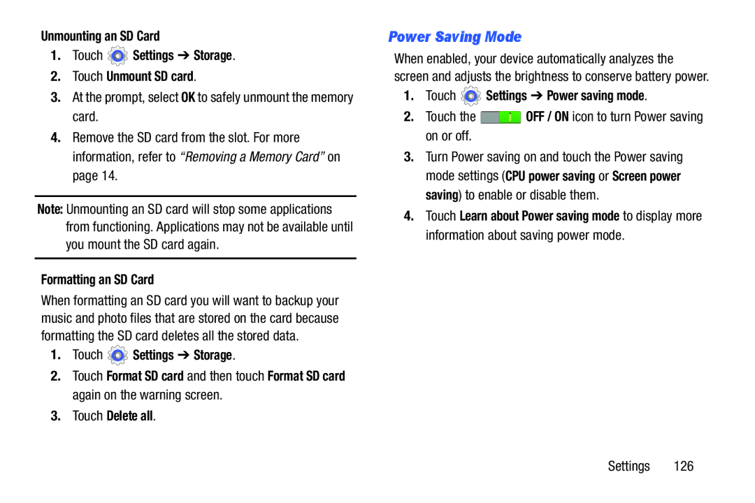 Samsung SM-T210RGNYXAR Power Saving Mode, Formatting an SD Card, Touch Delete all, Touch Settings Power saving mode 