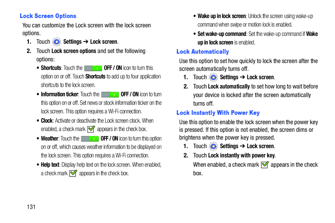 Samsung SMT210RZWYXAR, SM-T210RGNYXAR Lock Screen Options, Check mark appears in the check box, Lock Automatically 