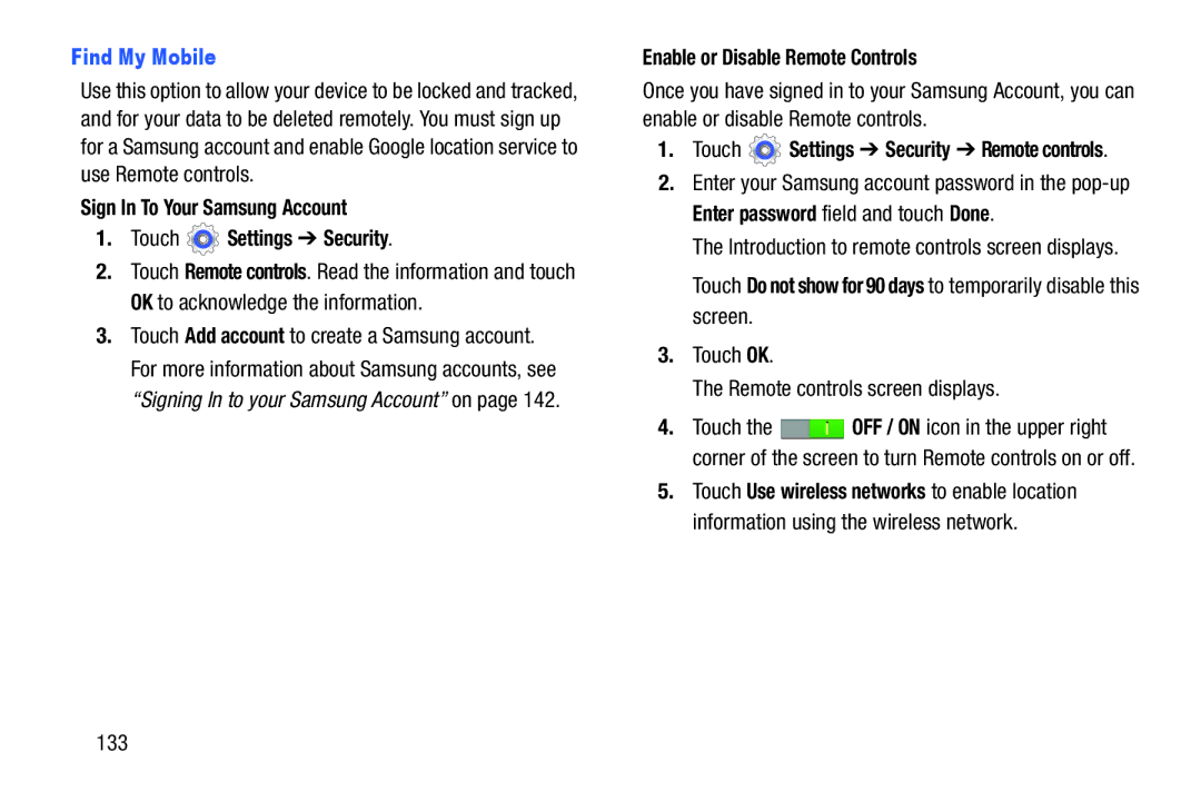 Samsung SMT210RZWYXAR, SM-T210RGNYXAR Find My Mobile, Sign In To Your Samsung Account Touch Settings Security, 133 