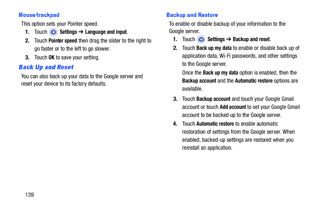 Samsung SMT210RZWYXAR user manual Back Up and Reset, Mouse/trackpad, Backup and Restore, Touch Settings Backup and reset 