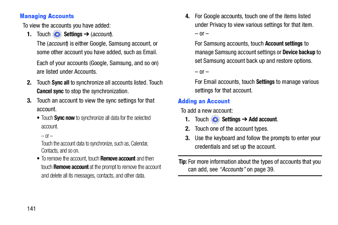 Samsung SMT210RZWYXAR, SM-T210RGNYXAR user manual Managing Accounts, Touch Settings account, Adding an Account 