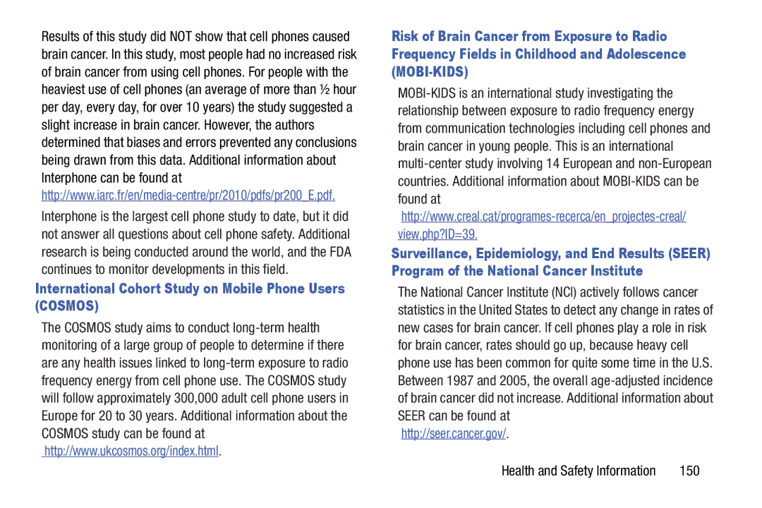 Samsung SM-T210RGNYXAR, SMT210RZWYXAR user manual International Cohort Study on Mobile Phone Users Cosmos, 150 