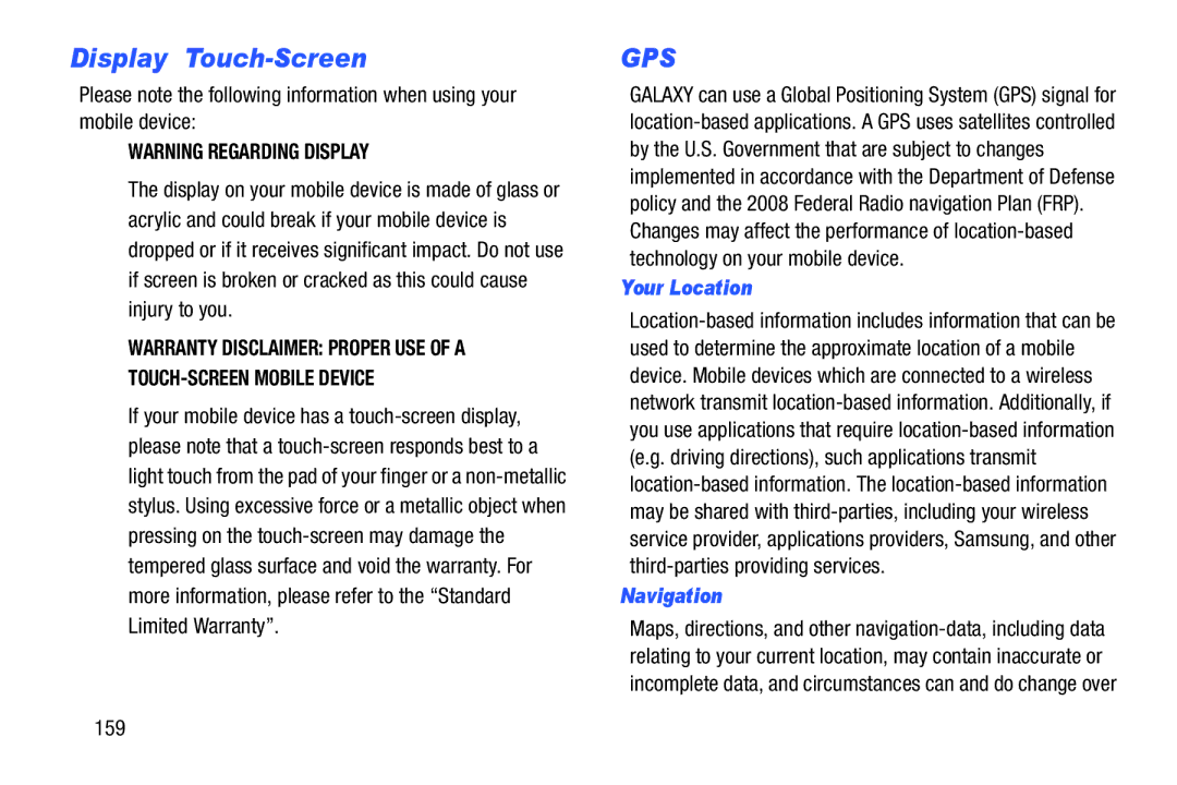 Samsung SMT210RZWYXAR, SM-T210RGNYXAR user manual Display / Touch-Screen, Your Location, Navigation, 159 