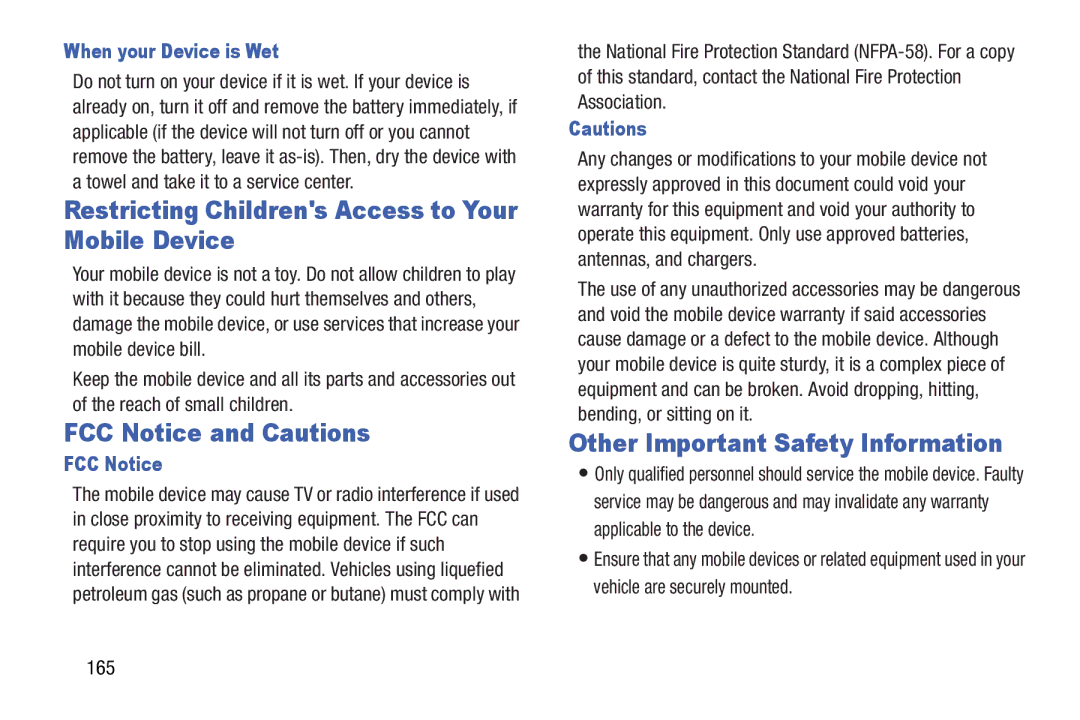 Samsung SMT210RZWYXAR Restricting Childrens Access to Your Mobile Device, FCC Notice and Cautions, When your Device is Wet 