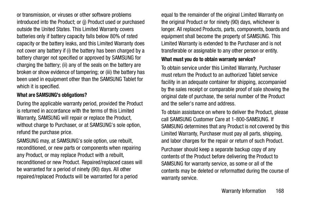 Samsung SM-T210RGNYXAR, SMT210RZWYXAR What are SAMSUNGs obligations?, What must you do to obtain warranty service?, 168 