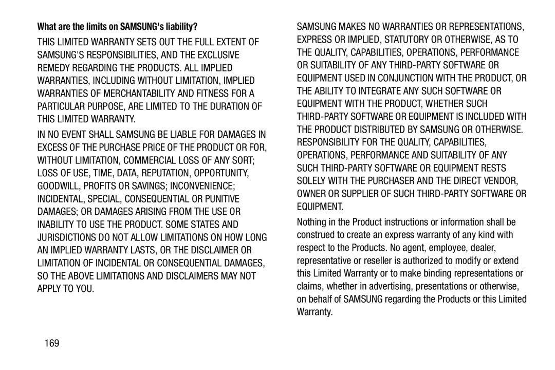 Samsung SMT210RZWYXAR, SM-T210RGNYXAR user manual What are the limits on SAMSUNGs liability?, 169 