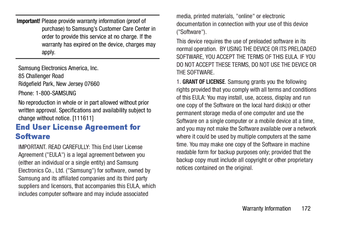 Samsung SM-T210RGNYXAR End User License Agreement for Software, Samsung Electronics America, Inc Challenger Road, 172 