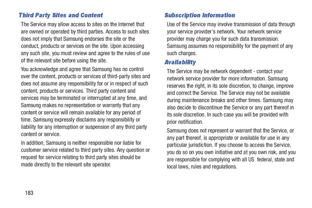 Samsung SMT210RZWYXAR, SM-T210RGNYXAR user manual Third Party Sites and Content, Subscription Information, Availability, 183 