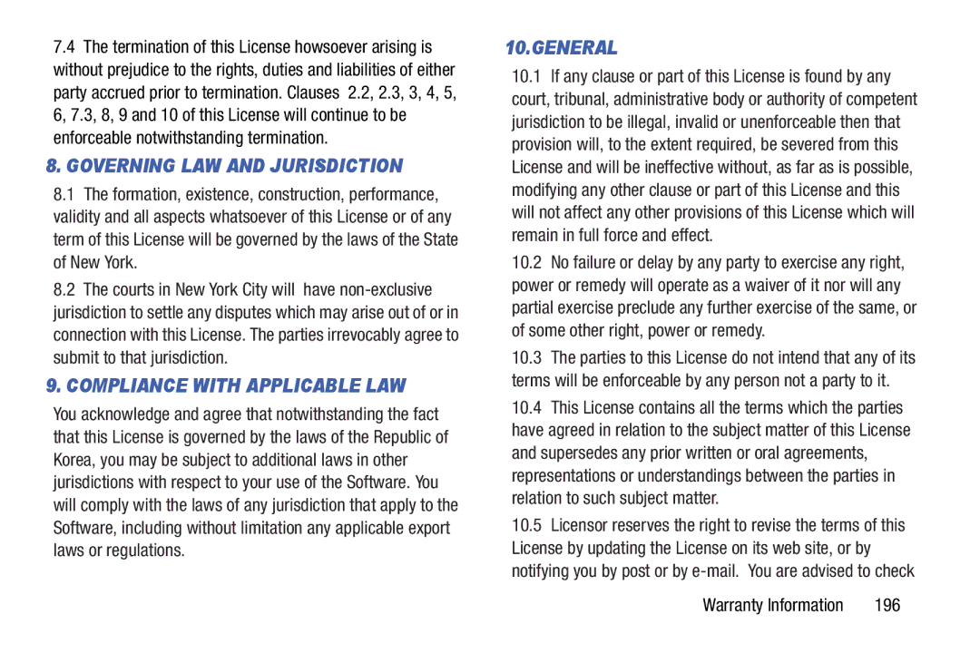 Samsung SM-T210RGNYXAR, SMT210RZWYXAR user manual Governing LAW and Jurisdiction, 196 