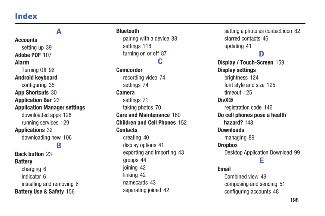 Samsung SM-T210RGNYXAR, SMT210RZWYXAR user manual Index 