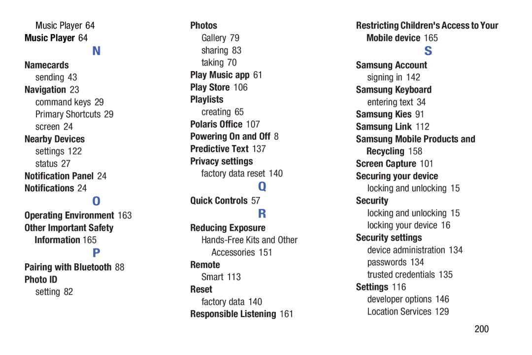 Samsung SM-T210RGNYXAR Music Player Namecards, Navigation 23 command keys 29 Primary Shortcuts 29 screen, Photos, Remote 