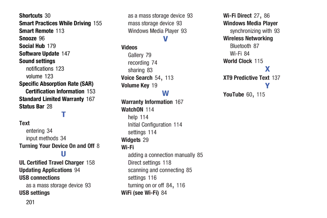 Samsung SMT210RZWYXAR Shortcuts, Sound settings, Turning Your Device On and Off, USB connections, USB settings, Videos 