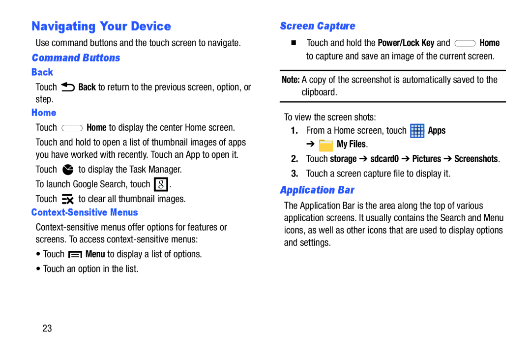 Samsung SMT210RZWYXAR, SM-T210RGNYXAR user manual Navigating Your Device, Command Buttons, Screen Capture, Application Bar 