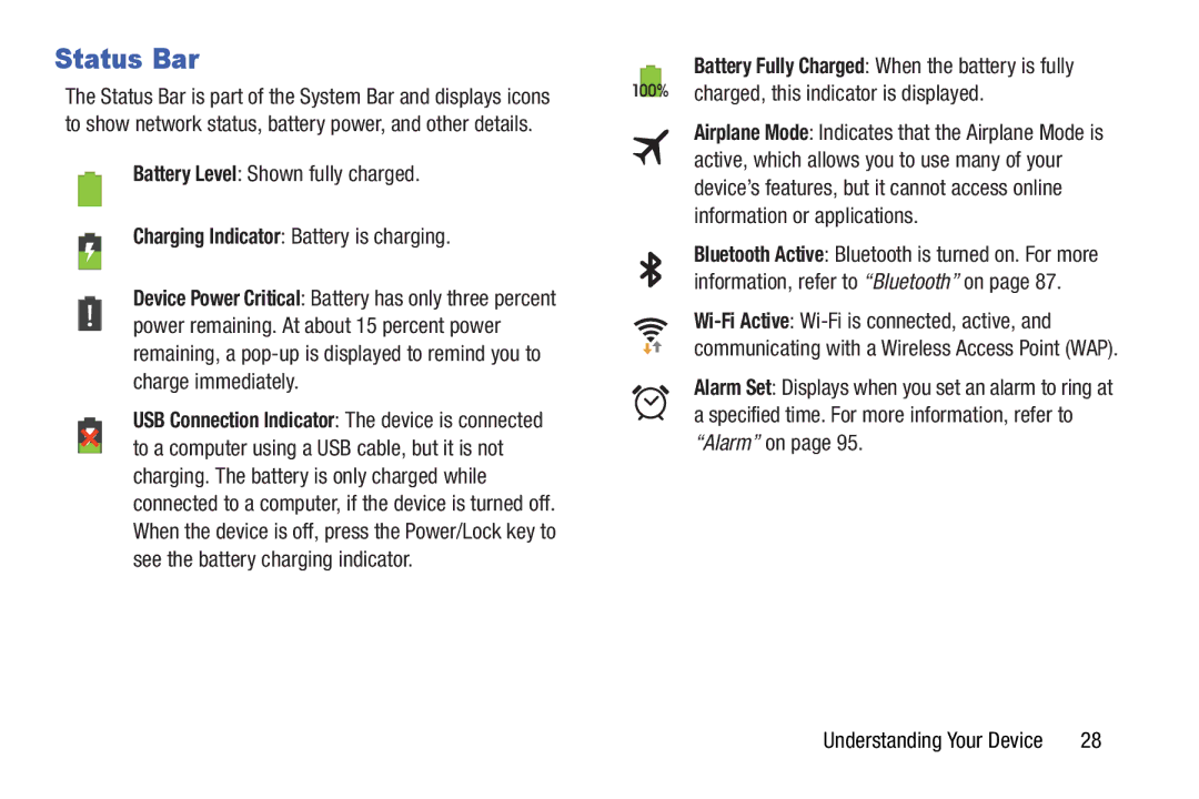 Samsung SM-T210RGNYXAR, SMT210RZWYXAR user manual Status Bar 