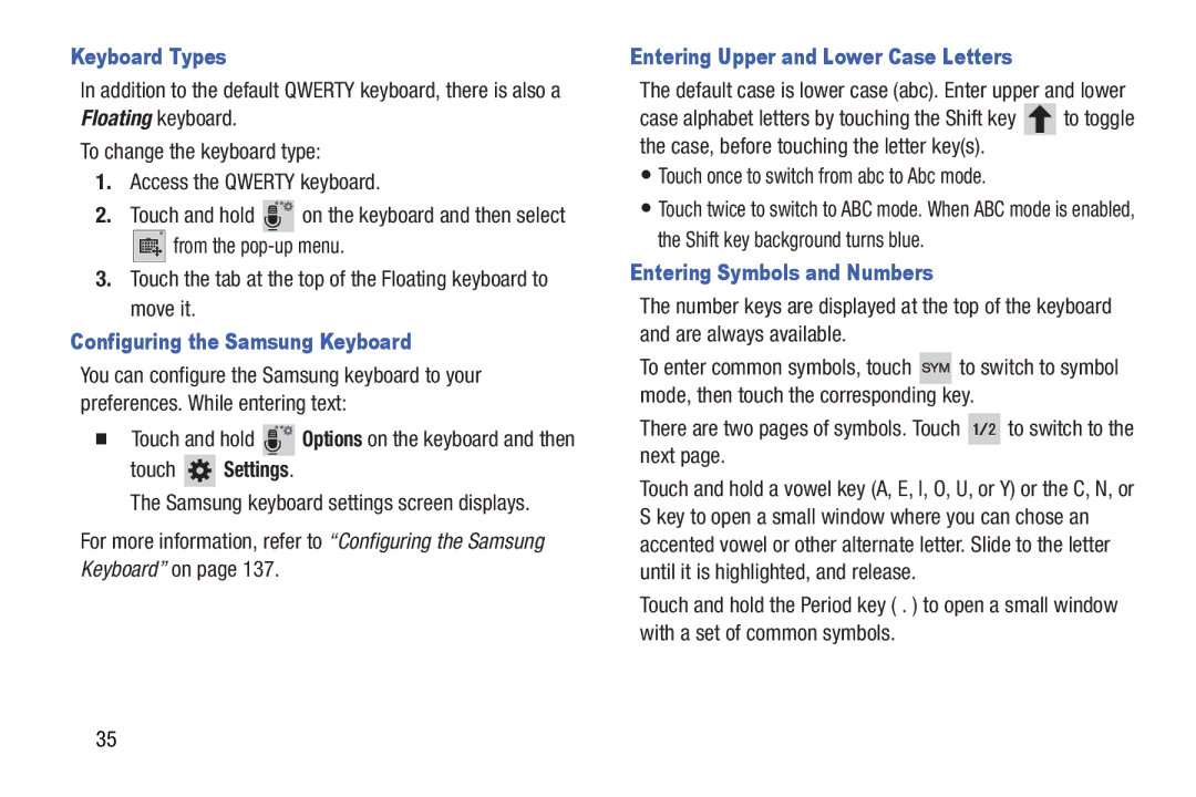 Samsung SMT210RZWYXAR Keyboard Types, Configuring the Samsung Keyboard, Touch Settings, Entering Symbols and Numbers 