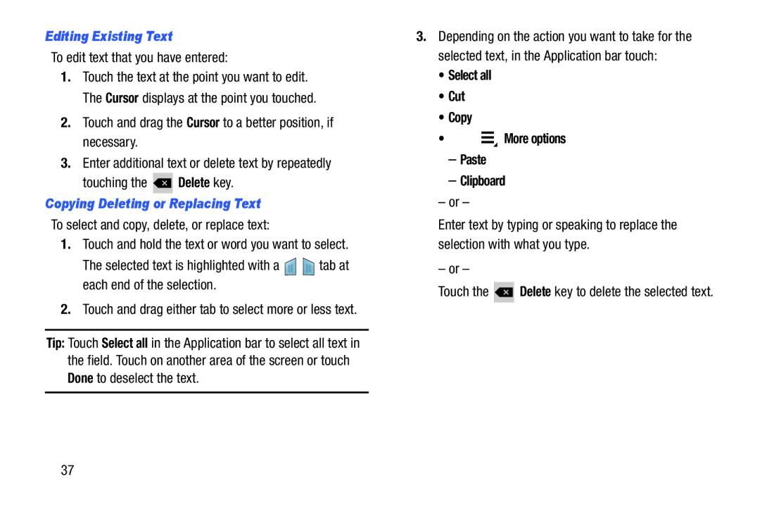 Samsung SMT210RZWYXAR Editing Existing Text, To edit text that you have entered, Copying, Deleting, or Replacing Text 