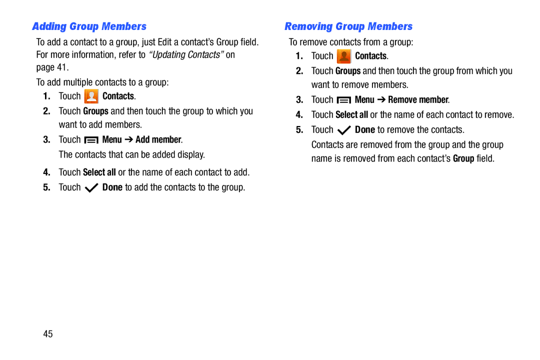 Samsung SMT210RZWYXAR Adding Group Members, Removing Group Members, Touch Menu Add member, Touch Menu Remove member 