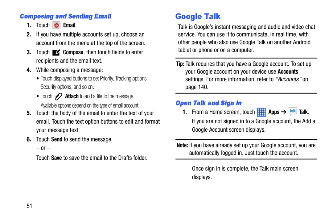 Samsung SMT210RZWYXAR, SM-T210RGNYXAR user manual Google Talk, Composing and Sending Email, Open Talk and Sign 