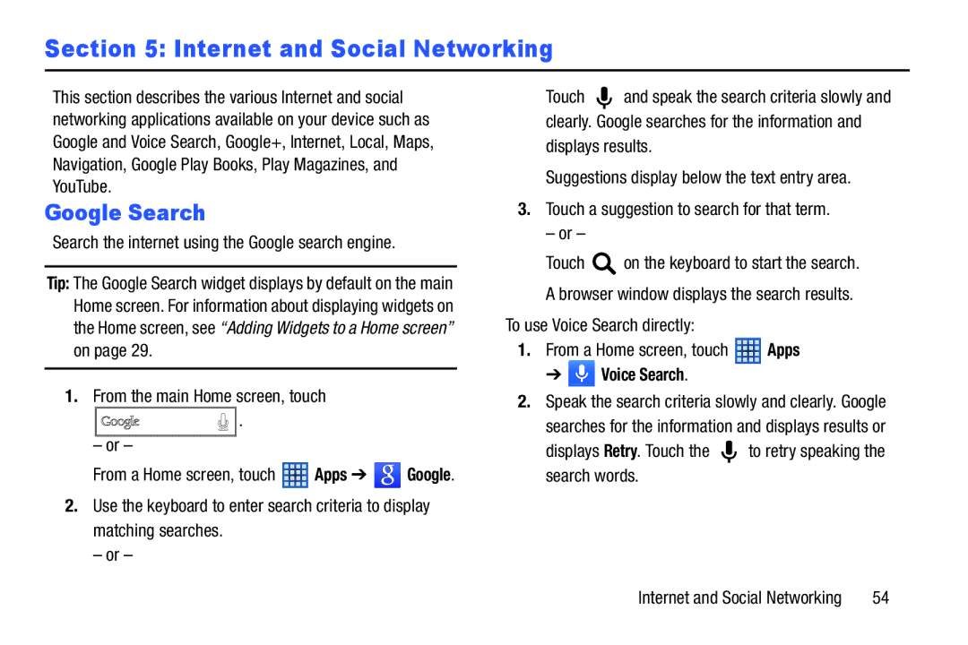 Samsung SM-T210RGNYXAR, SMT210RZWYXAR user manual Internet and Social Networking, Google Search, Apps, Voice Search 