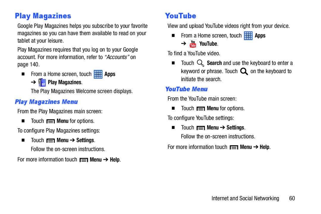 Samsung SM-T210RGNYXAR, SMT210RZWYXAR user manual Play Magazines Menu, YouTube Menu 