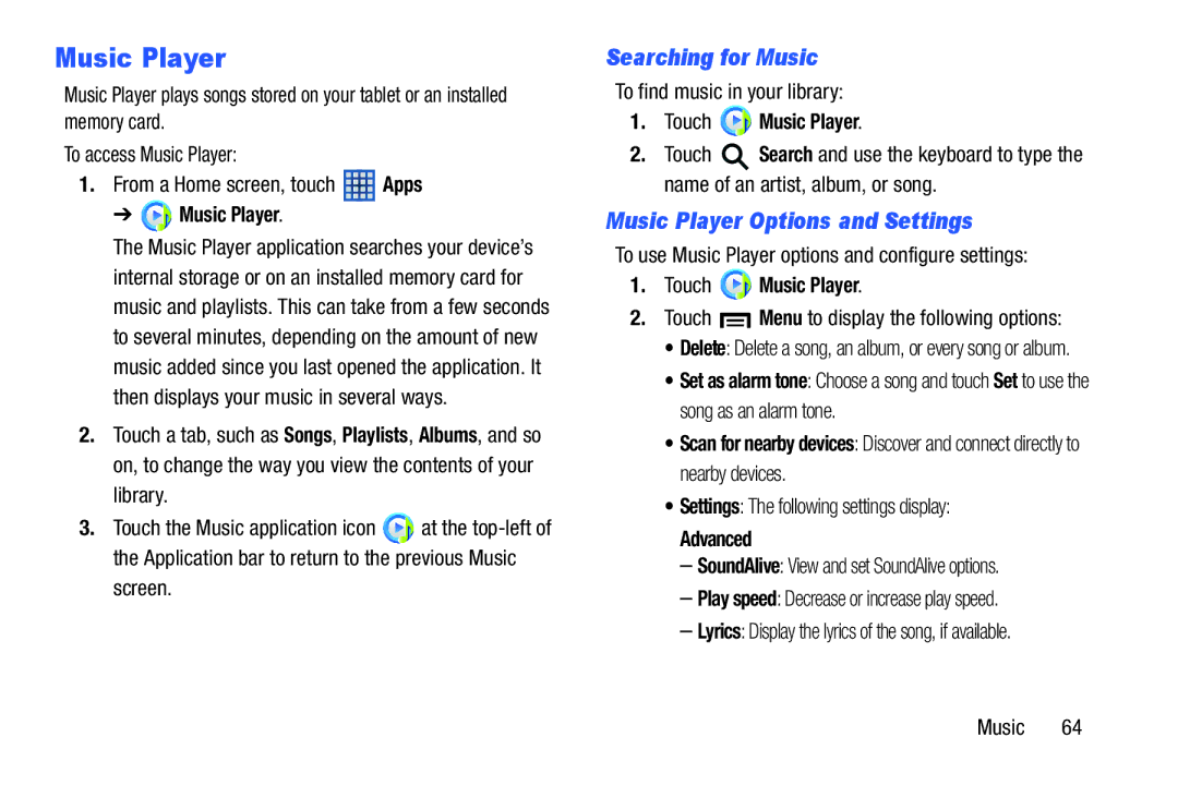 Samsung SM-T210RGNYXAR, SMT210RZWYXAR user manual Searching for Music, Music Player Options and Settings 