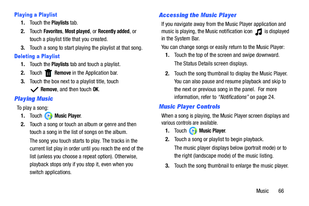 Samsung SM-T210RGNYXAR Accessing the Music Player, Music Player Controls, Playing a Playlist, Deleting a Playlist 