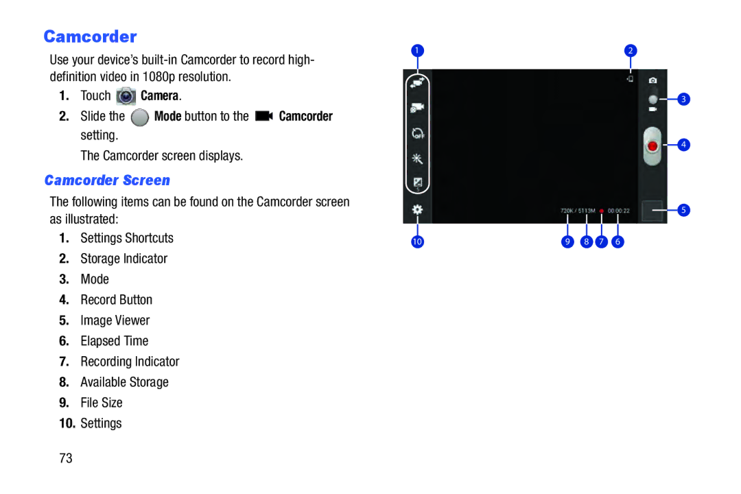 Samsung SMT210RZWYXAR, SM-T210RGNYXAR user manual Camcorder Screen 