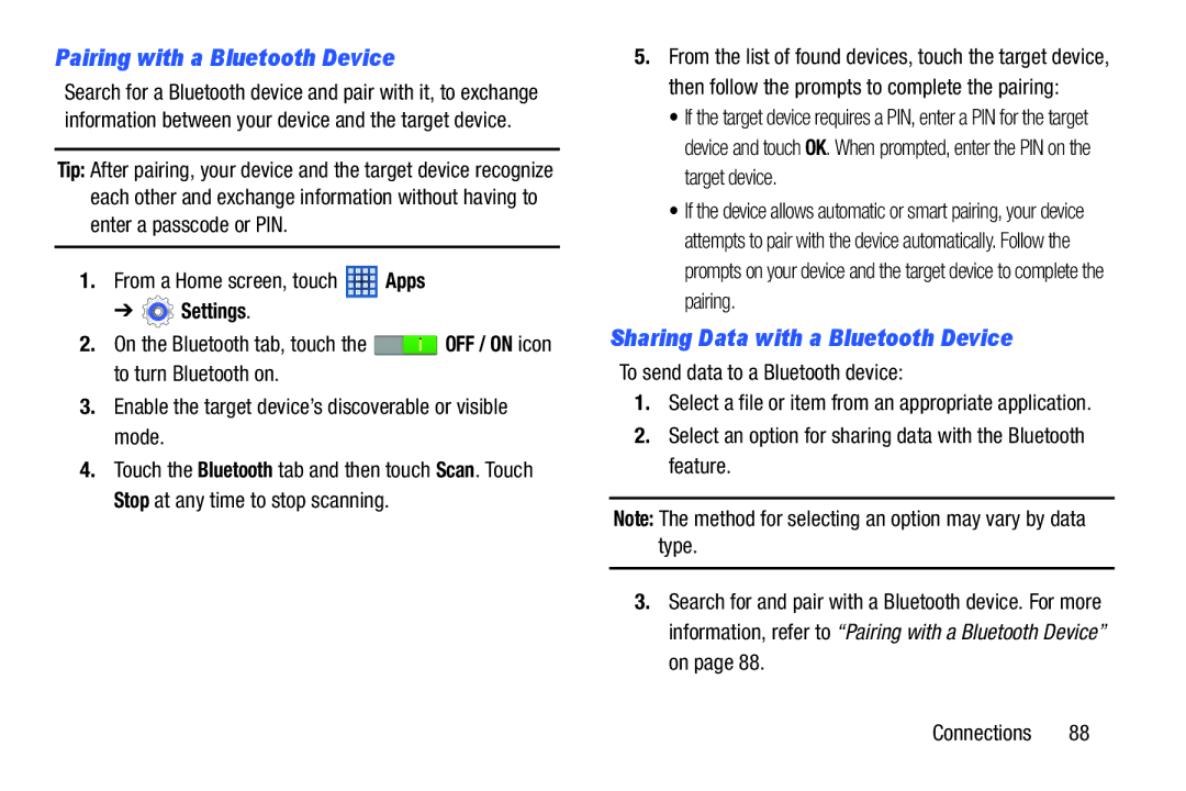 Samsung SM-T210RGNYXAR, SMT210RZWYXAR user manual Pairing with a Bluetooth Device, Sharing Data with a Bluetooth Device 