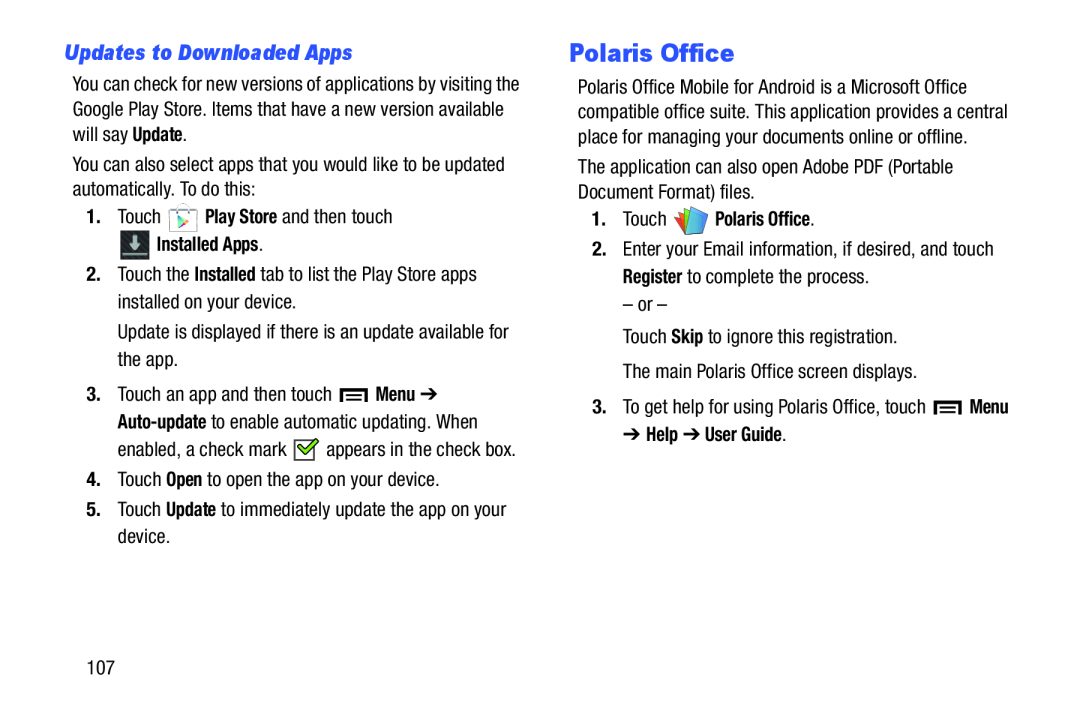 Samsung SMT210RZWYXAR user manual Updates to Downloaded Apps, Installed Apps, Touch Polaris Office, Help User Guide 