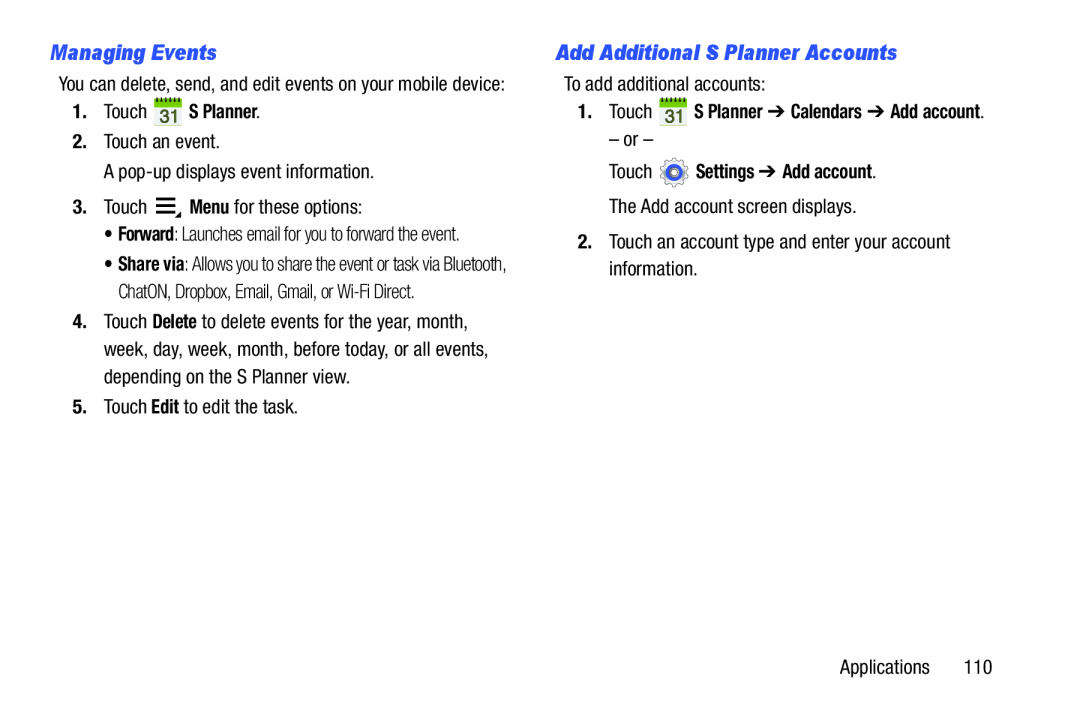 Samsung SM-T210RGNYXAR Managing Events, Add Additional S Planner Accounts, Touch S Planner, Touch Settings Add account 