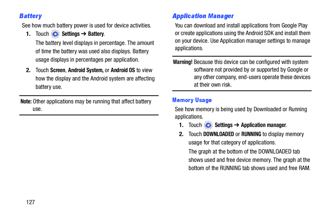 Samsung SMT210RZWYXAR Application Manager, Touch Settings Battery, Memory Usage, Touch Settings Application manager 