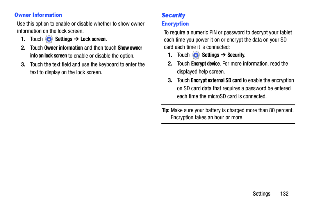 Samsung SM-T210RGNYXAR user manual Owner Information, Touch Settings Lock screen, Encryption, Touch Settings Security 