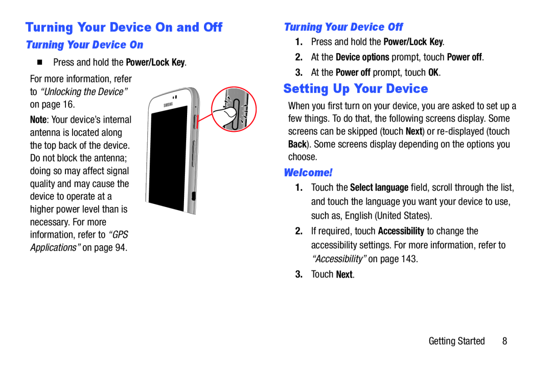 Samsung SM-T210RGNYXAR user manual Turning Your Device On and Off, Setting Up Your Device, Turning Your Device Off, Welcome 