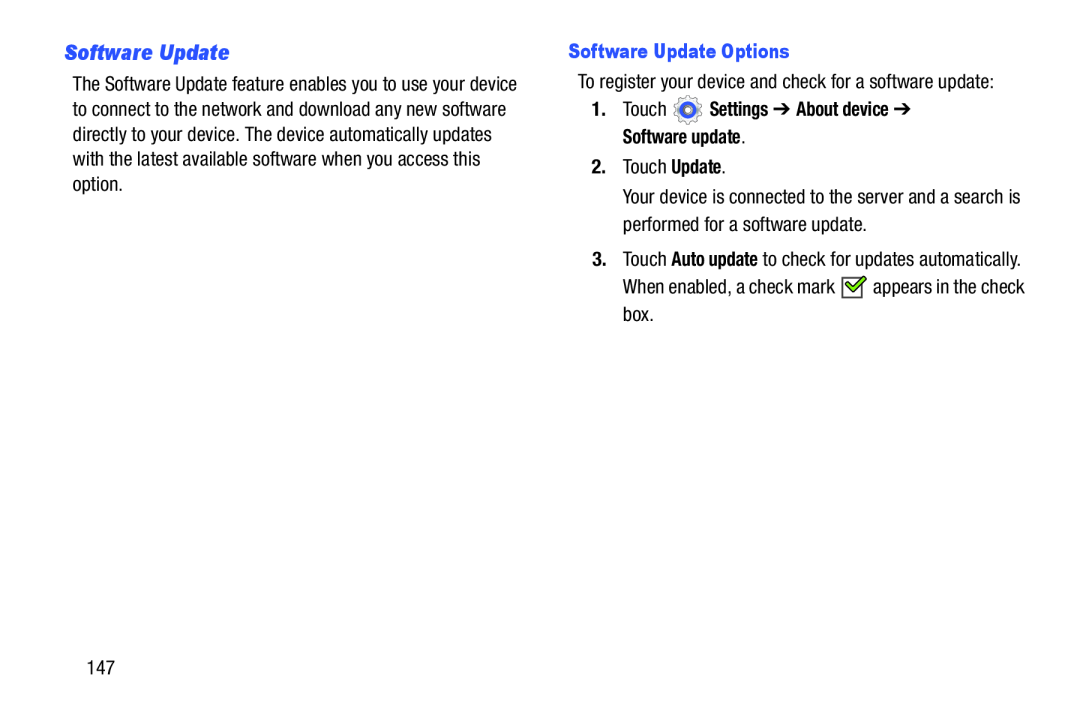 Samsung SMT210RZWYXAR, SM-T210RGNYXAR user manual Software Update Options, Touch Settings About device Software update 