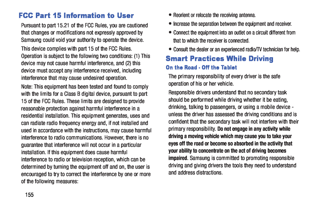 Samsung SMT210RZWYXAR FCC Part 15 Information to User, Smart Practices While Driving, On the Road - Off the Tablet 