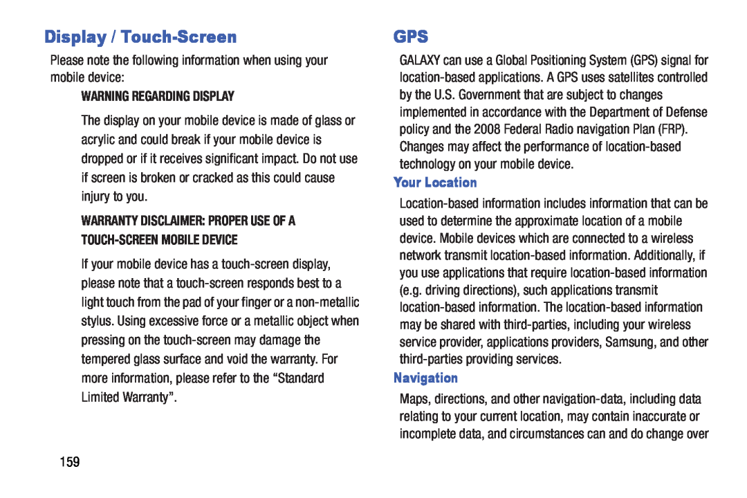 Samsung SMT210RZWYXAR, SM-T210RGNYXAR Display / Touch-Screen, Warning Regarding Display, Your Location, Navigation 