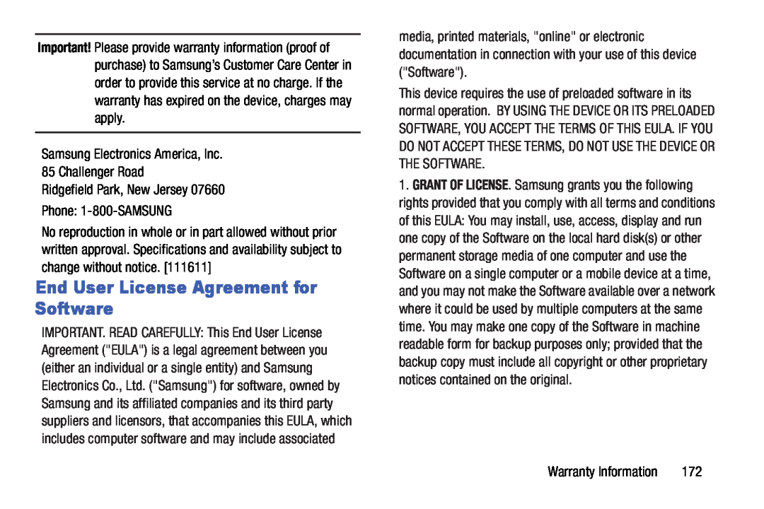 Samsung SM-T210RGNYXAR End User License Agreement for Software, Samsung Electronics America, Inc 85 Challenger Road 