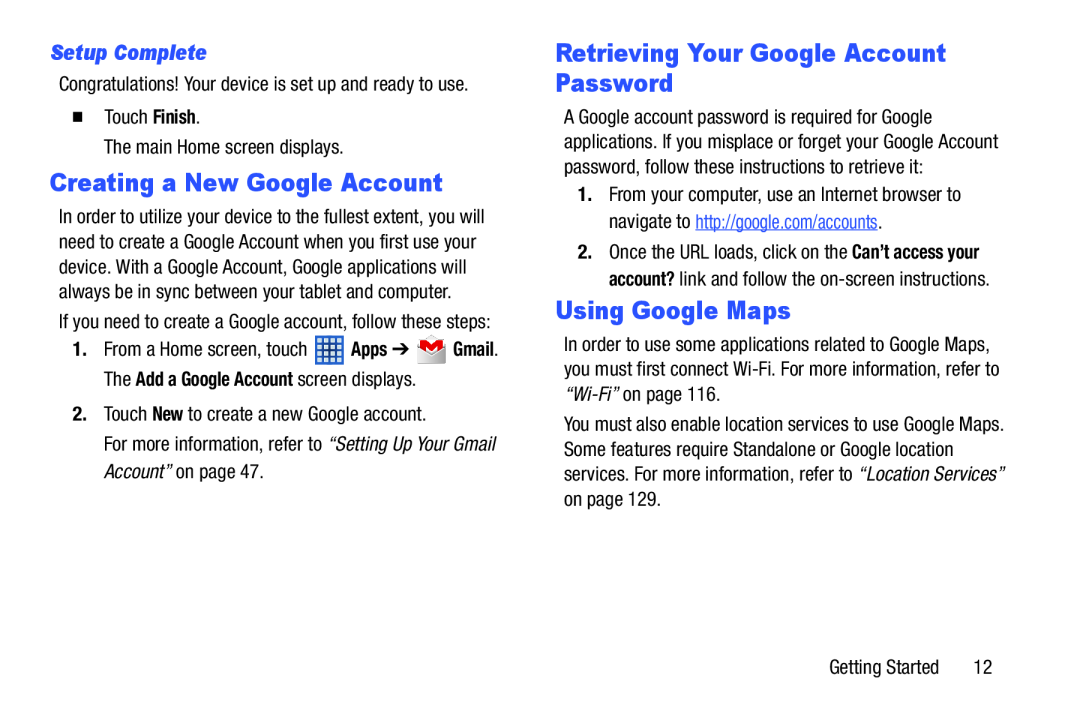 Samsung SM-T210RGNYXAR Creating a New Google Account, Retrieving Your Google Account Password, Using Google Maps 