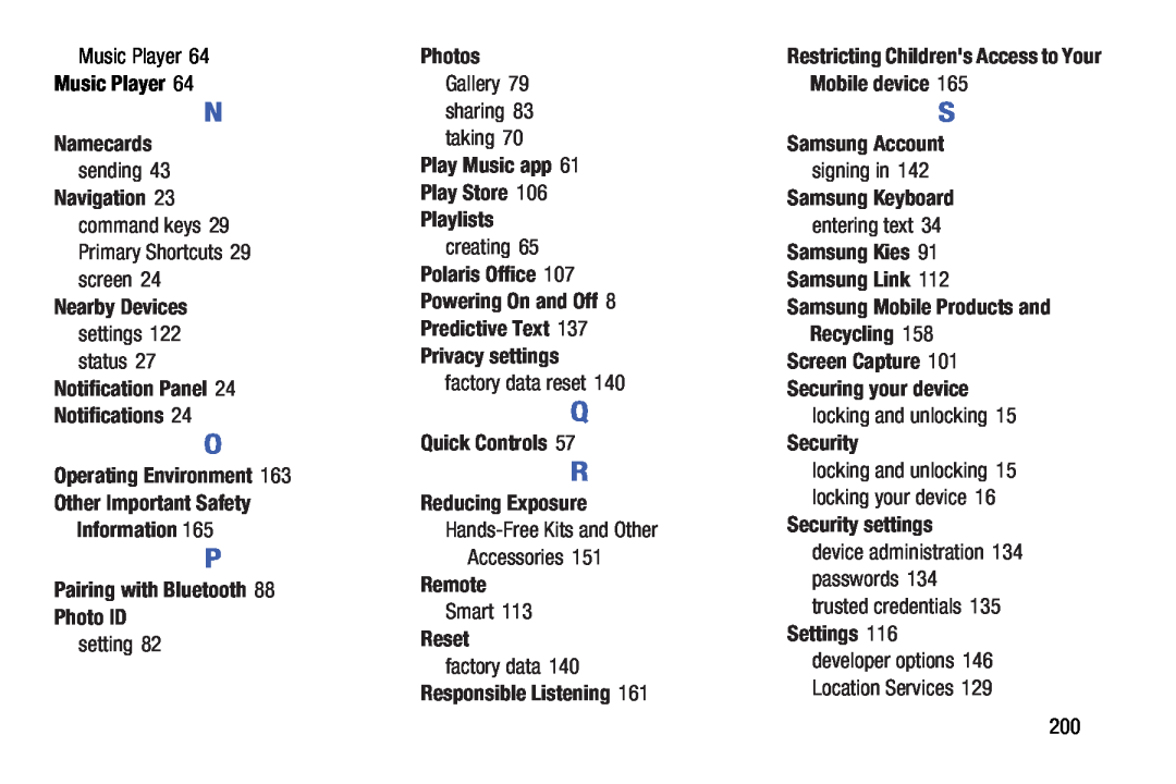 Samsung SM-T210RGNYXAR Music Player, Namecards, Navigation 23 command keys 29 Primary Shortcuts 29 screen, Photos, Remote 